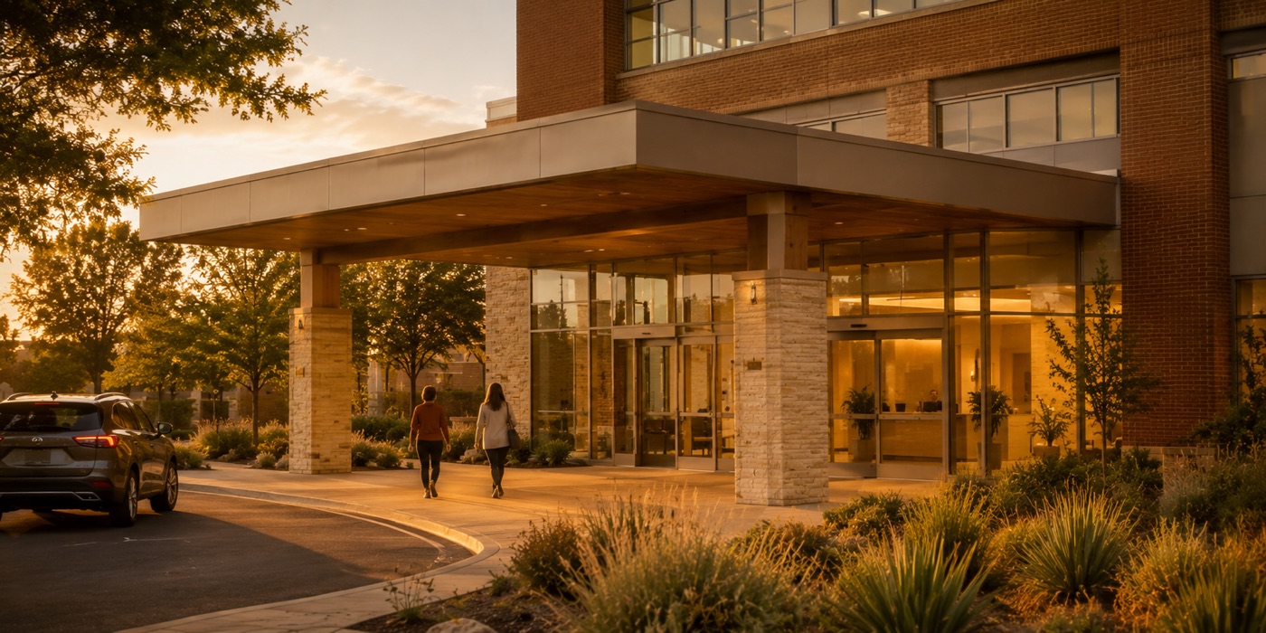 The main entrance canopy, with the information desk visible through the glass